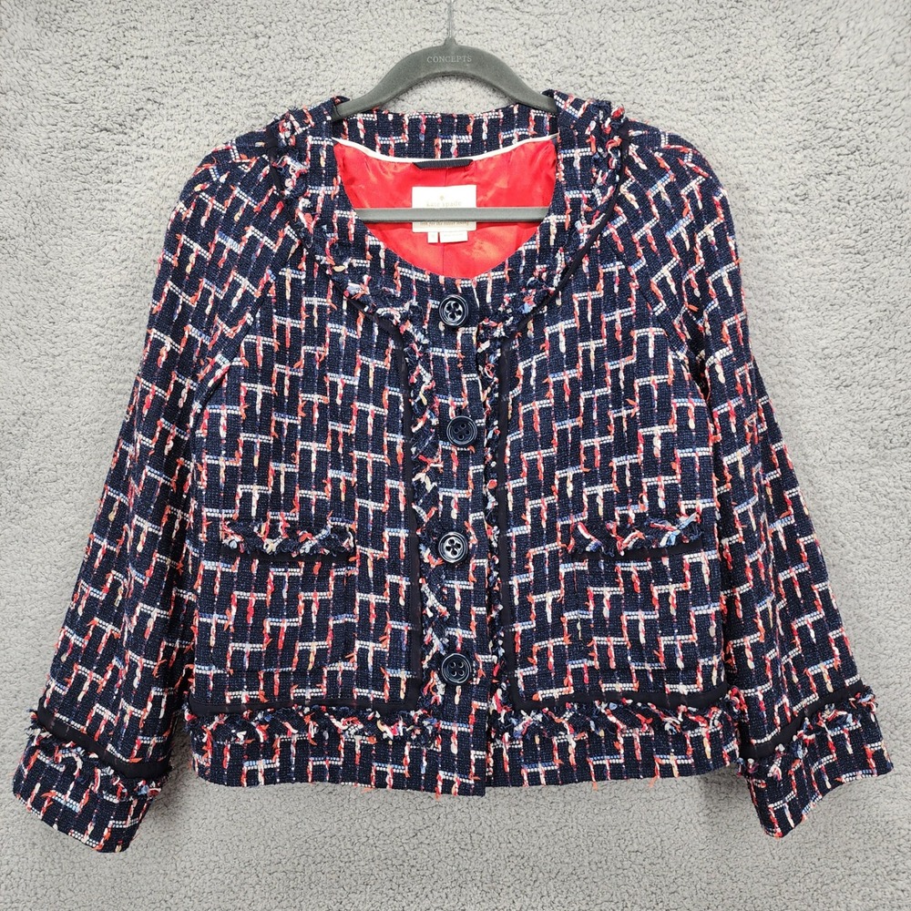 Kate Spade New York‎ Tweed Jacket Women's Size 10 Navy Red White Ruffled Collar